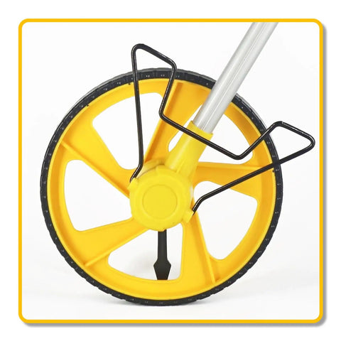 Close-up of heavy duty telescopic measuring wheel digital roll gauge, yellow wheel with sturdy frame for construction layouts.
