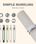 Silicone Cable Organizer Ties For Quick Bundling And Tidy Wires, Reusable Management Set shown in multiple colors with use example.