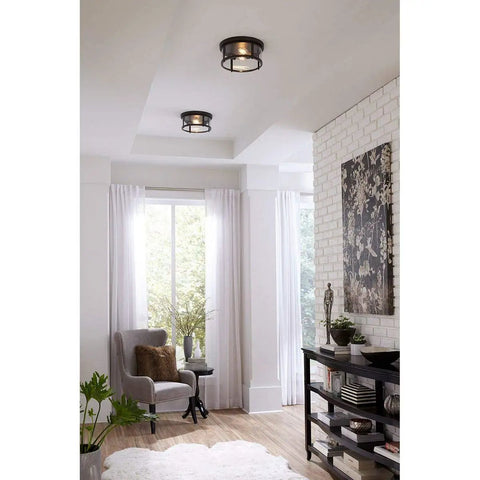 Two Light Outdoor Flush Mount Light In Antique Bronze With Clear Glass Diffuser, Farmhouse Vibe, installed in home interior.