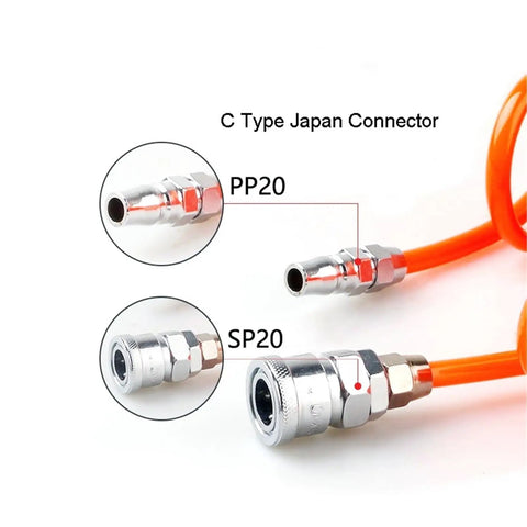 High Pressure Flexible Air Hose Compressor Straight Tube Pipe 8mm By 5mm Black 15 Meters shows C type Japan connectors PP20 and SP20.