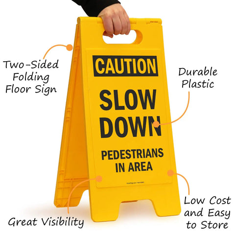 Caution Slow Down Pedestrians In Area Folding Floor Sign 25 By 12 Inches Plastic Black On Yellow Big And Bright Double Sided Durable Sign With Easy Carry Handle For Indoor Or Outdoor Use.