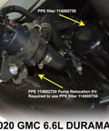 Close-up of Heavy Duty Fuel Coolant Pump Relocation Kit Engineered For 2020 To 2026 GM 6.6L Duramax L5p Engines