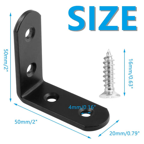 Heavy Duty Stainless Steel L Brackets Corner Brace Kit Right Angle Furniture Joint Reinforcement Hardware 2 Inch Black with screws.