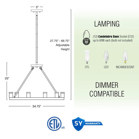 Diagram of Homestead 25 Inch Six Light Wagon Wheel Chandelier showing dimensions, adjustable height, and lamping details.