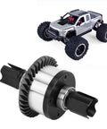 Universal Metal RC Front And Rear Differential Gear For ZD Racing MX 07 1 By 7 Scale 4 Wheel Drive Truck With Beefed Up Durability Aluminum Alloy High Strength For Smooth Deceleration And Traction Upgrade beside an RC truck model showcasing the differential gear.