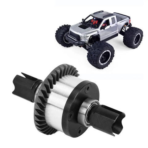 Universal Metal RC Front And Rear Differential Gear For ZD Racing MX 07 1 By 7 Scale 4 Wheel Drive Truck With Beefed Up Durability Aluminum Alloy High Strength For Smooth Deceleration And Traction Upgrade beside an RC truck model showcasing the differential gear.