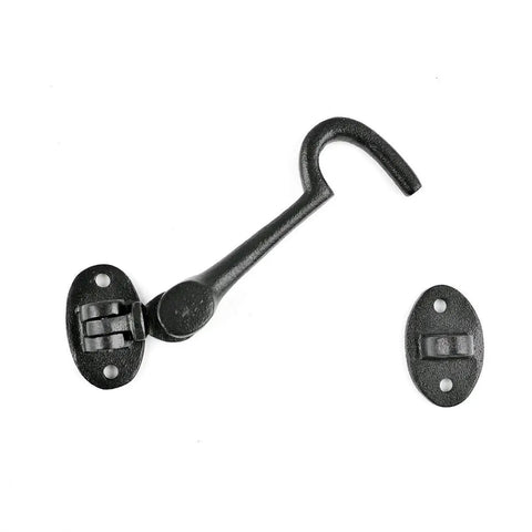 Super Sturdy Hefty Swivel Cabinet Latch Lock Made From Dense Wrought Iron With A Sleek Black Coating That Really Kicks Rust To The Curb While Upgrading Your Vintage Home Decor 4.5 Inch 4 Pack, showing a black finished hook and latch.