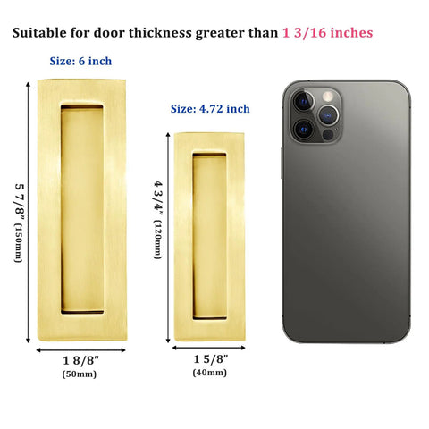 Size comparison of stainless steel sliding pocket door flush handles with recessed finger pulls for closet doors and barn doors, satin brass 5.91 in, against a smartphone for scale.