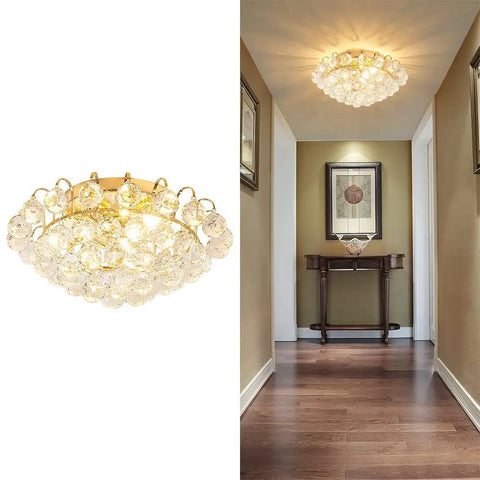 Three Light Modern Crystal Ceiling Light Fixture Flush Mount Round Golden Chandelier illuminating a hallway with clear crystals and metal finish.