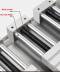 Close-up of the Tough As Nails CNC Bench Vise showing M16 screw and optical axis details for precision machining.