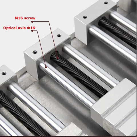 Close-up of the Tough As Nails CNC Bench Vise showing M16 screw and optical axis details for precision machining.