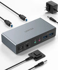 Dual Monitor KVM Switch For Two PCs With HDMI And DisplayPort, 2 In 2 Out USB 3.0 Hub For Keyboard, Mouse, Drives And Peripherals, Easy Toggle Between Computers, Seamless Dual-Display Productivity, gray metal unit with cables