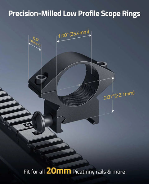 Heavy Duty One Inch Scope Rings With A Low Profile Cut For Picatinny Rails Built From Solid Aluminum, 0.87 in height.