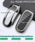 Sleek Rugged Carbon Fiber Key Fob Protector Case Optimized Perfect Fit Tesla Model X showing two angles with carbon fiber texture.
