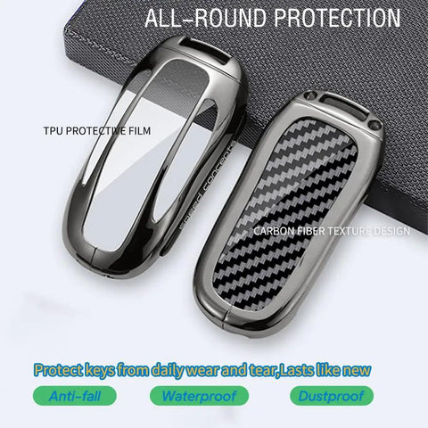 Sleek Rugged Carbon Fiber Key Fob Protector Case Optimized Perfect Fit Tesla Model X showing two angles with carbon fiber texture.