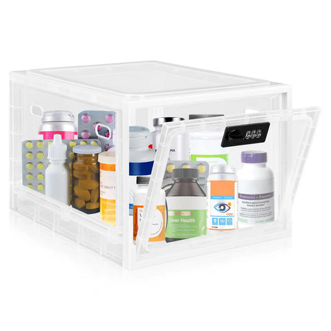 Top Notch Lockable Medicine Storage Box With Straightforward Combination Dial For Prescription Pills Snacks Phones And Daily Stash Secure Home Office Container Keeping Vital Gear Locked Up Tight No Hassle, clear design with visible contents.