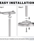 Installation steps for Free Standing Toilet Paper Holder With Pivoting Post, Brushed Nickel Finish, showing assembly process.