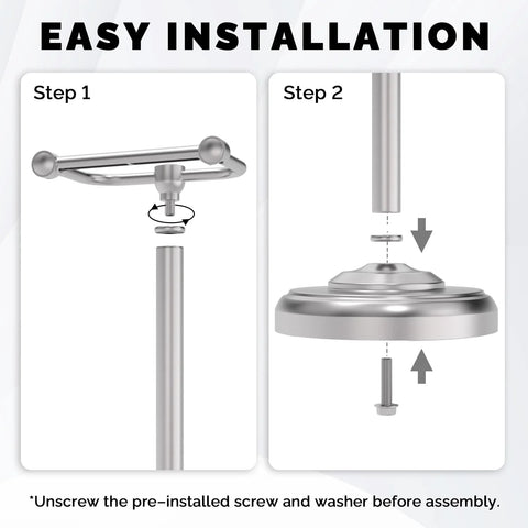 Installation steps for Free Standing Toilet Paper Holder With Pivoting Post, Brushed Nickel Finish, showing assembly process.