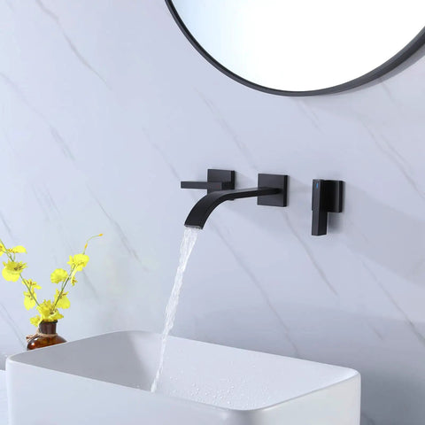 Matte Black Brushed Brass Wall Mount Bathroom Faucet With Two Handles Solid Brass Construction Wall Mounted Sink Faucet Rough In Valve Included Tough As Nails Built To Last cUPC Certified Modern Look For Any Bath