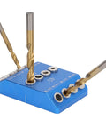 Knockout Accuracy Drill Guide Jig For 30 45 90 Degree Angles Rock Solid Aluminum Alloy Woodworking Clamp with drill bits.
