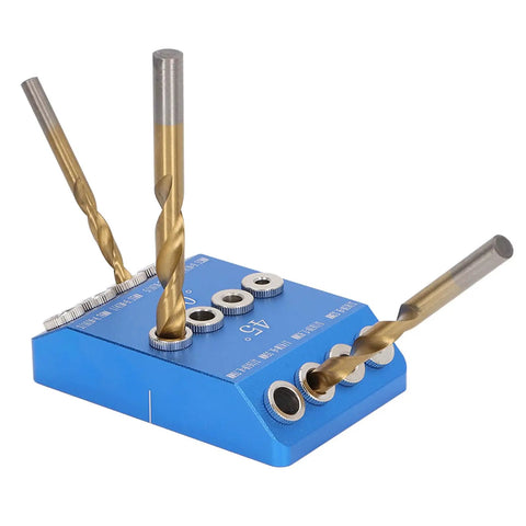 Knockout Accuracy Drill Guide Jig For 30 45 90 Degree Angles Rock Solid Aluminum Alloy Woodworking Clamp with drill bits.