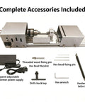 Pro Mini Wood Lathe With 7-Speed Adjustable Control Ranging From 2000 To 8000 RPM showing complete accessories for precision turning tasks.
