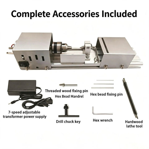 Pro Mini Wood Lathe With 7-Speed Adjustable Control Ranging From 2000 To 8000 RPM showing complete accessories for precision turning tasks.