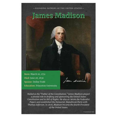 James Madison poster from Seven Founding Fathers Classroom Poster Set for K 12, 12 x 18 Inch Social Studies Learning Materials, Made in USA.