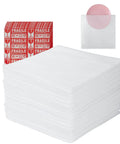 50 Pack 16x16 Cushion Foam Pouches With Anti Static Film, stack of white pouches and fragile labels for shipping protection