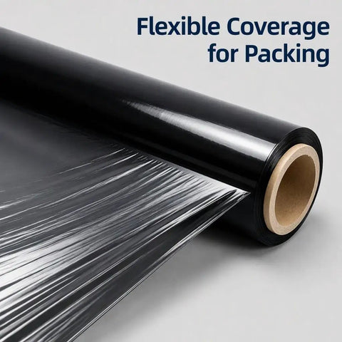 Heavy Duty Black Stretch Wrap Film 50 Cm Roll for Moving And Shipping showing flexible black film on a roll.