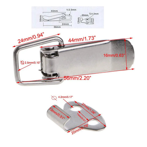 Spring Loaded Toggle Hasp Latch for Cabinets and Storage Boxes with Rock Solid Anti Rust Build showing dimensions and design details.