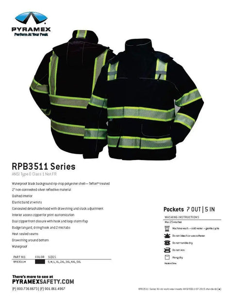 RPB35 Series Teflon Coated Waterproof Black Parka With Quilted Lining, reflective strips, detachable hood, front and back view