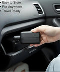 Ultra Compact 100W Power Inverter With Wicked Quiet Fanless Design, hand holding compact inverter for car storage.