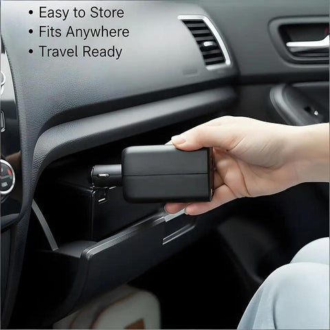 Ultra Compact 100W Power Inverter With Wicked Quiet Fanless Design, hand holding compact inverter for car storage.
