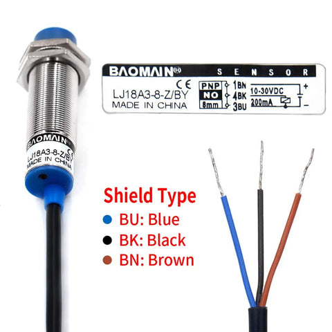 Inductive Proximity Sensor Switch LJ18A3-8-Z/BY, 8mm Detection Range, PNP NO, 3-Wire DC 10-30V, 200mA, labeled wiring colors