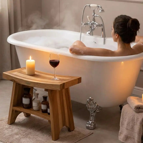 24 Inch Teak Shower Bench With Storage Shelf Waterproof Bathroom Seat For Adults And Seniors in spa setting next to bathtub