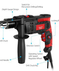 850W Corded Hammer Drill with 1/2 Inch Chuck, 2-in-1, detailing depth gauge, drill chuck, handles, switches, and buttons.