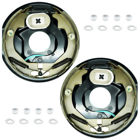 Two 10-inch electric trailer brake magnet assemblies for 3500-lb Dexter brakes with coil springs and retainer clips