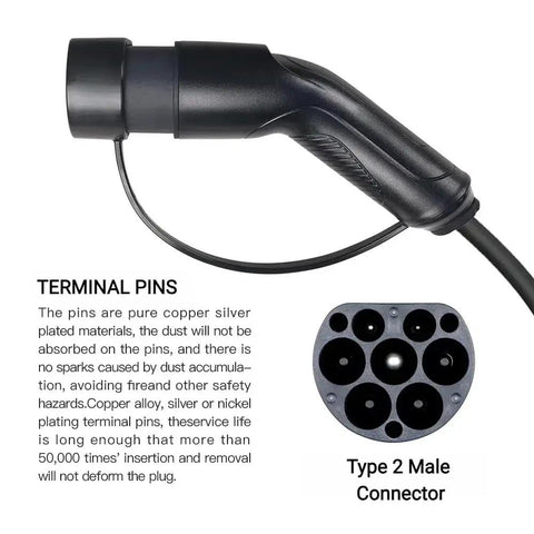 Premium Type 2 To Type 1 EV Charging Cable 5 Meter Heavy Duty Electric Vehicle Extension Cord 16 Amp connector with terminal pins.