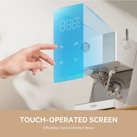 Hand using touchscreen on OPV Espresso Machine With Milk Frother Steam Wand, 20 Bar Max Pressure, Dual Display, 58mm Portafilter