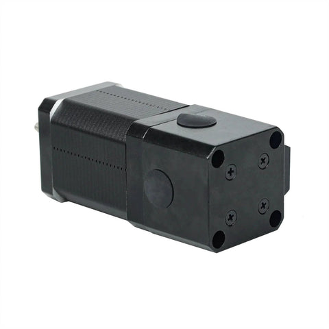 Front view of black two-phase four-lead NEMA17 stepper motor with mounting face and four screw holes