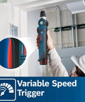 12 Volt Max Three Eighth Inch Right Angle Drill Driver Bare Tool With Five Position Rotating Head in use with variable speed trigger