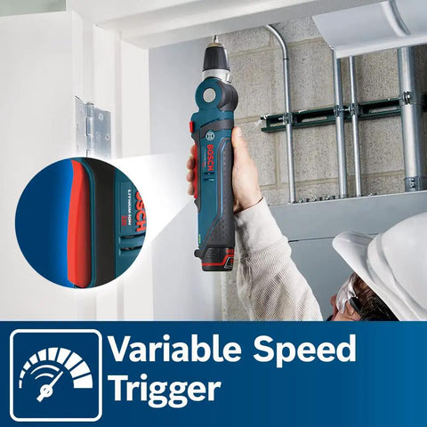 12 Volt Max Three Eighth Inch Right Angle Drill Driver Bare Tool With Five Position Rotating Head in use with variable speed trigger