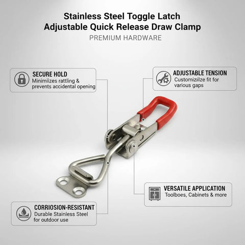 Adjustable Stainless Steel Toggle Latch Quick Release Draw Clamp with red handle, corrosion-resistant design for secure hold.