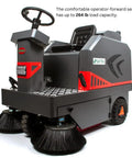 Badass 49 Inch Ride On Industrial Floor Sweeper Machine With 26 Gallon Hopper And Water Dust Control Tank Crushing 69000 Square Feet Per Hour For Warehouses Factories And Parking Lots Smooth Operator Design close-up of operator seat and controls.