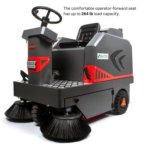 Badass 49 Inch Ride On Industrial Floor Sweeper Machine With 26 Gallon Hopper And Water Dust Control Tank Crushing 69000 Square Feet Per Hour For Warehouses Factories And Parking Lots Smooth Operator Design close-up of operator seat and controls.