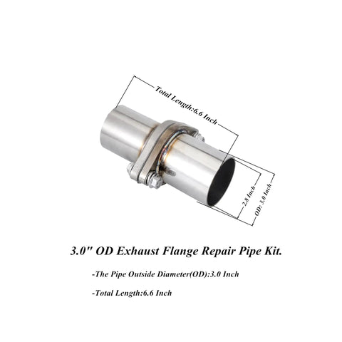 Stainless Steel Exhaust Flange Repair Pipe Kit 3 Inch OD With Gasket Bolts And Nuts Quick Grip Fit Undercarriage Muffler Joiner, 6.6 inch length.
