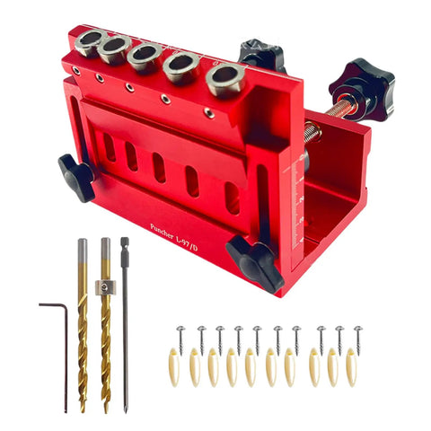 Adjustable Pocket Hole Jig And Precision Woodworking Guide Crafted From Heavy Duty Aluminum Alloy For Precise Angle Drilling and Rock Solid Joint Alignment That Simply Knocks It Out Of The Park with drill bits and screws.