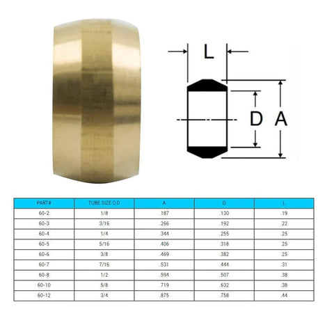 Brass 3/8 in OD compression sleeve ferrule tube fitting; 20-piece set, shown with dimension diagram.