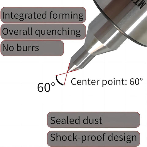 MT2 Live Center Long Nose 60 Degree With Triple Bearing Medium Duty Lathe Center showing 60° point and key features